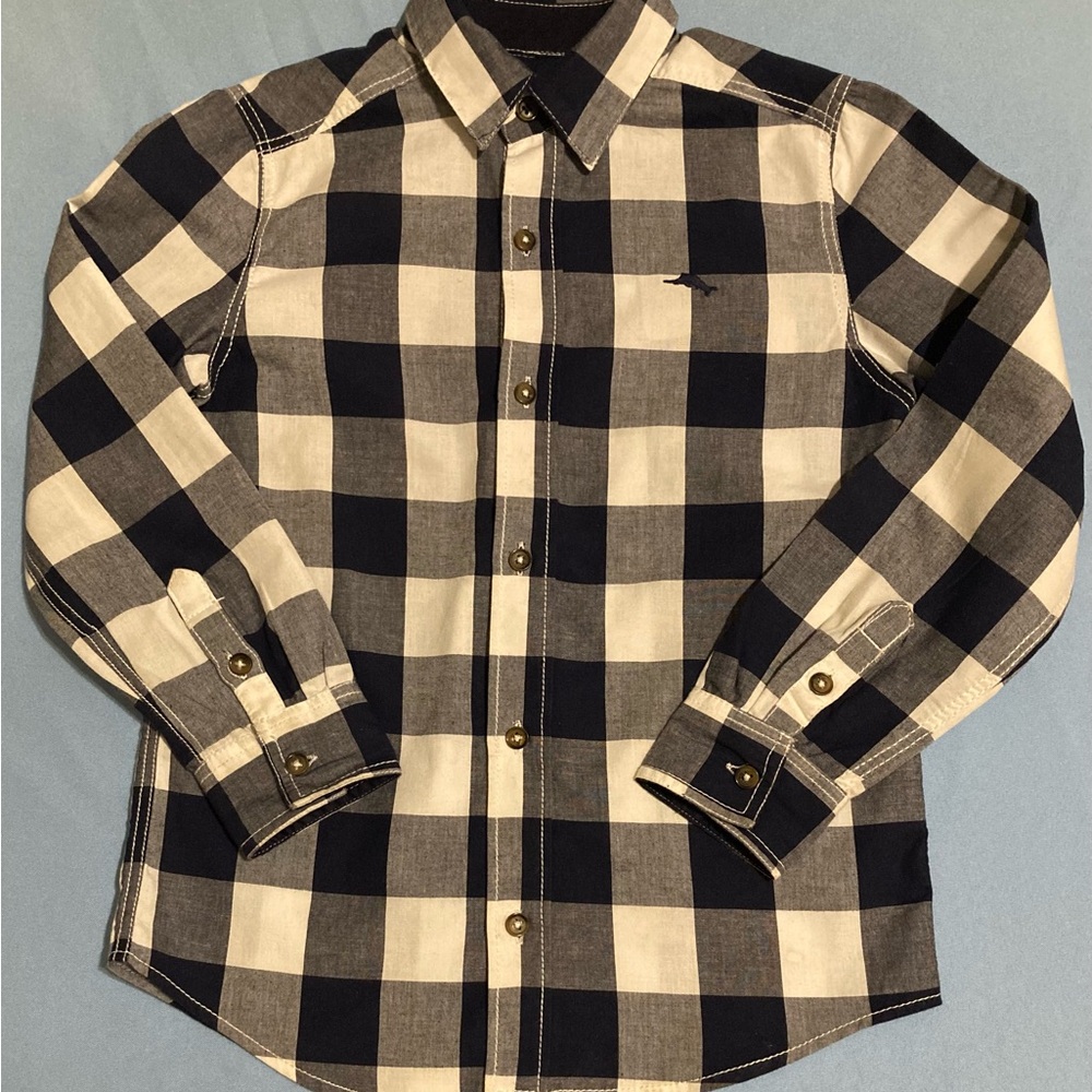 Boy’s Tommy Bahama Button Up Shirt Size 7/8 Navy Blue & White Plaid Long Sleeve